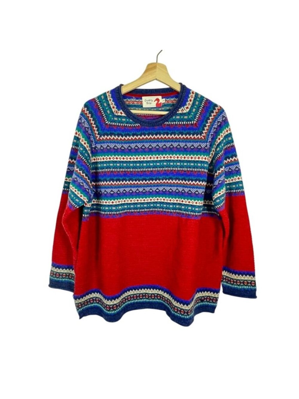 Country Rose Fair Isle Sweater XL Scottish Wool Blend Oversized Nordic Pullover